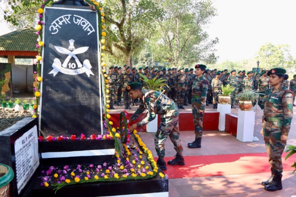 AR personnels lay down wreath around the memorial of Lance Naik Ganesh Bahadur Rai in Jairampur, Arunachal Pradesh on January 4.